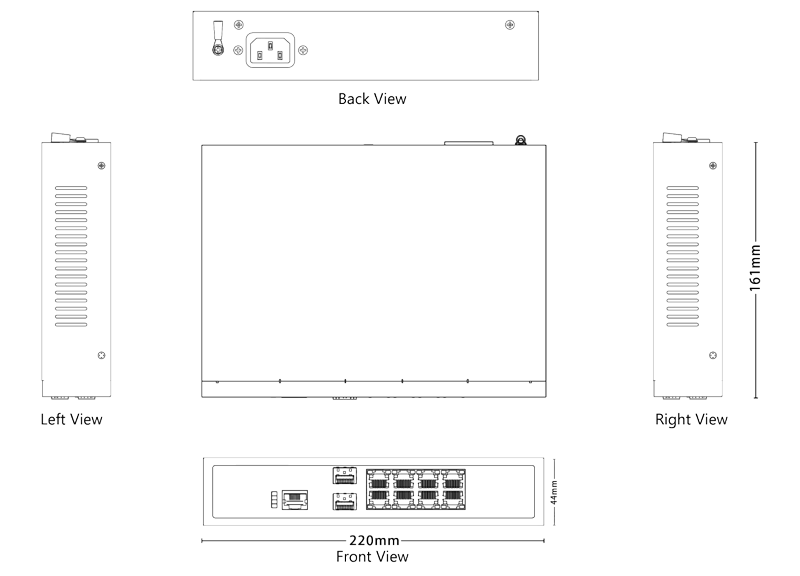 Dimension of L3 Lite Managed Ethernet Switch 8x1G RJ45, 2x1G SFP