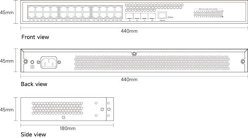 Dimension of Layer 2  Managed Switch 24x10/100/1000M RJ45, Uplink 4x1G/2.5G SFP