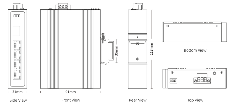 Dimensions of Industrial Switch 1xGigabit SFP, 4x10/100/1000Base-T PoE