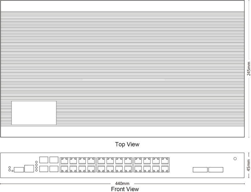 Dimensions of Industrial Rackmount L2 Managed PoE Switch 24x10/100/1000M RJ45, Uplink 4x1G SFP