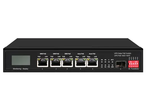 UPS Solar PoE Ethernet Switch with OLED 1GE 60W PoE + 2GE 30W PoE + 2GE Auto PoE + 1GE SFP