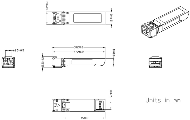 Outline Drawing (mm) of 10Gb/s DWDM SFP  80km Transceiver