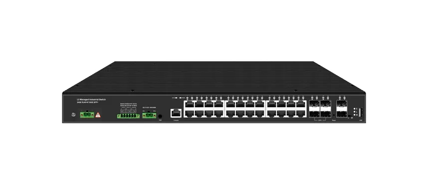 مفتاح Rackmount الصناعي 3 مُدار 24 منفذ طبقة 10/من من من من نوع RJ45 ، مدخل Uplink 6 منفذ 10G SFP مدخلات طاقة مزدوجة زائدة عن الحاجة و